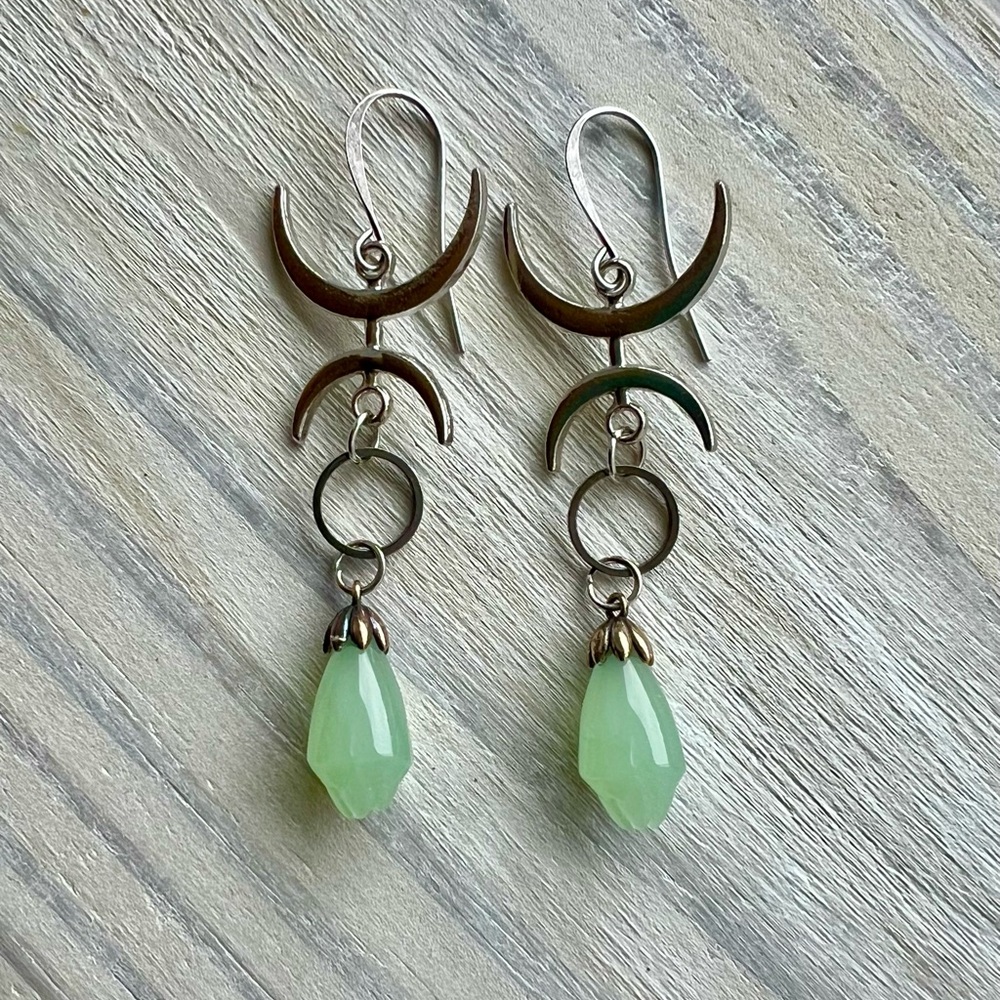 Silver and Green Crescent Drop Earrings